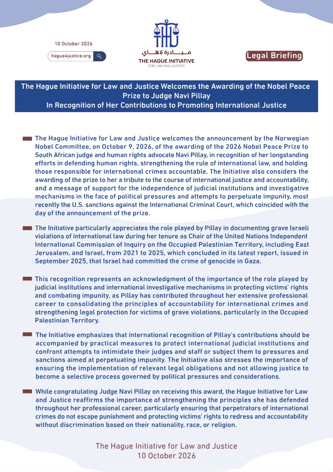 The Hague Initiative for Law and Justice Welcomes the Awarding of the 2026 Nobel Peace Prize to Judge Navi Pillay